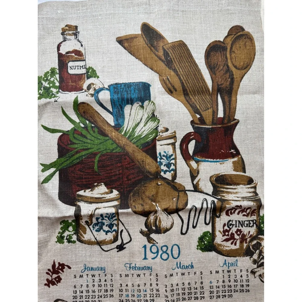 Vintage 1980 Linen Calendar Tea Towel Rustic Kitchen Cottagecore Wall Hanging
